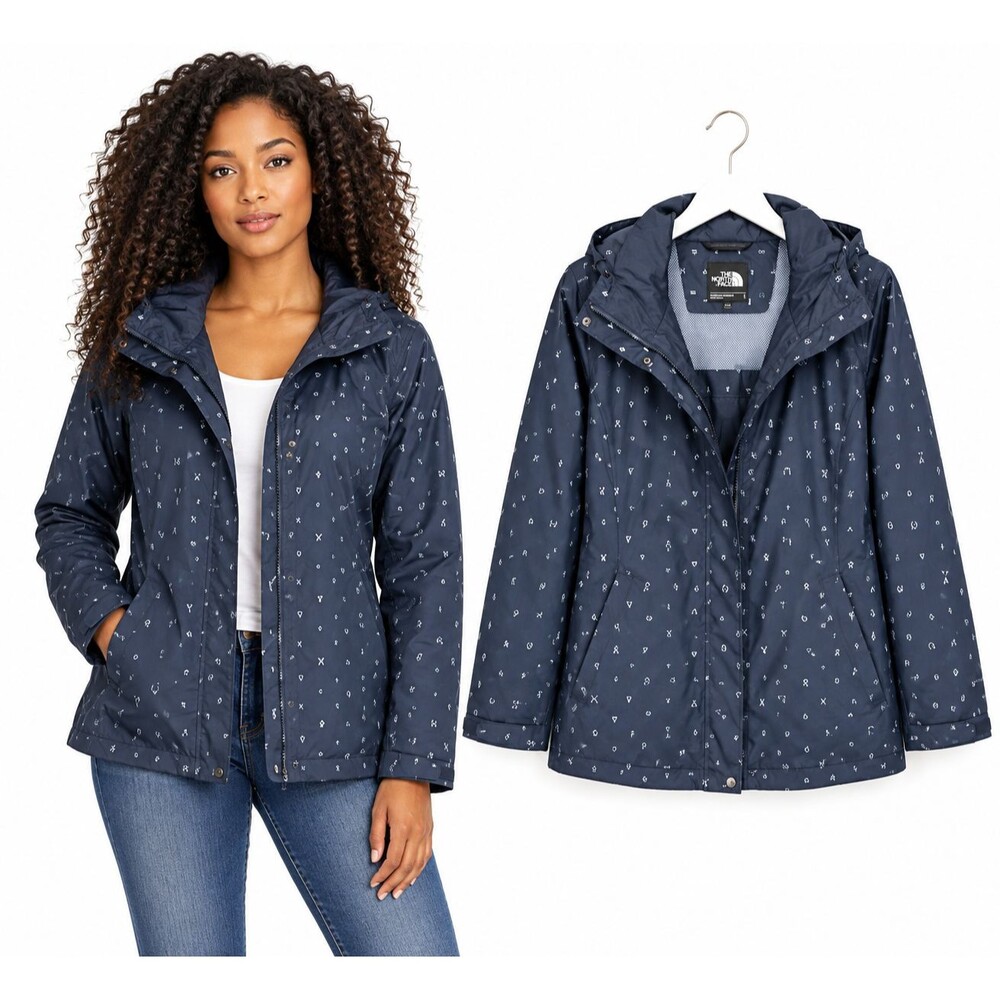The North Face Hooded Rain Jacket Shell Size Large Navy Blue Geometric Print